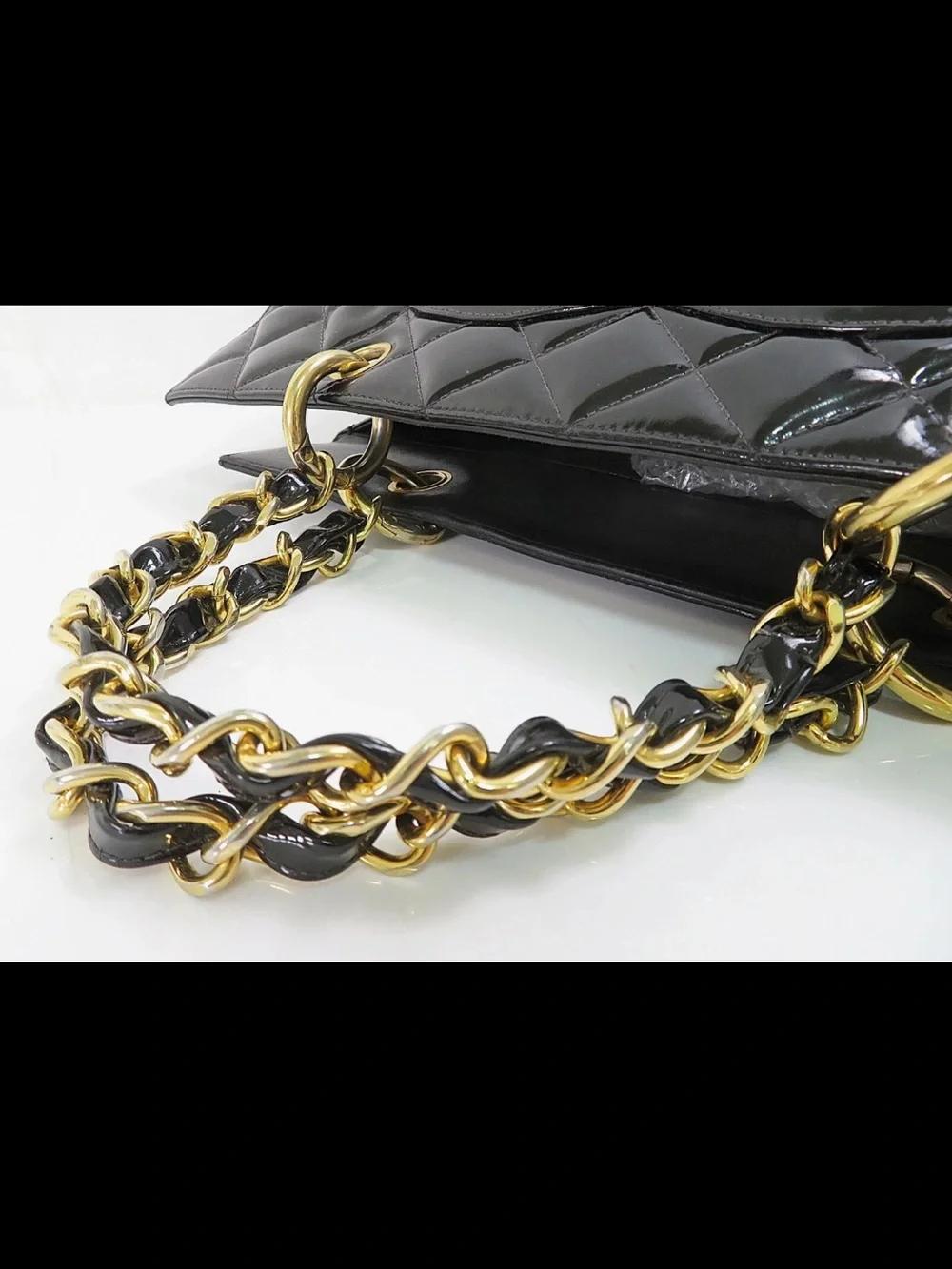 CHANEL Black Quilted Patent Leather Tote with Gold Chain Handles